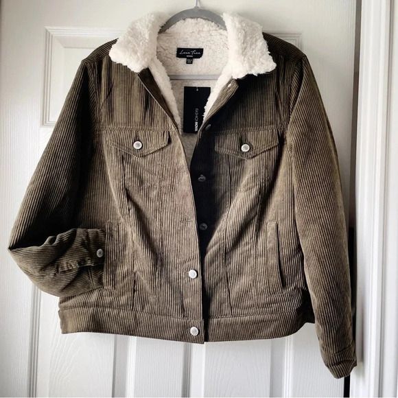 FASHION NOVA Living Without You Corduroy Sherpa Trucker Jacket Olive Size Medium - Picture 5 of 12